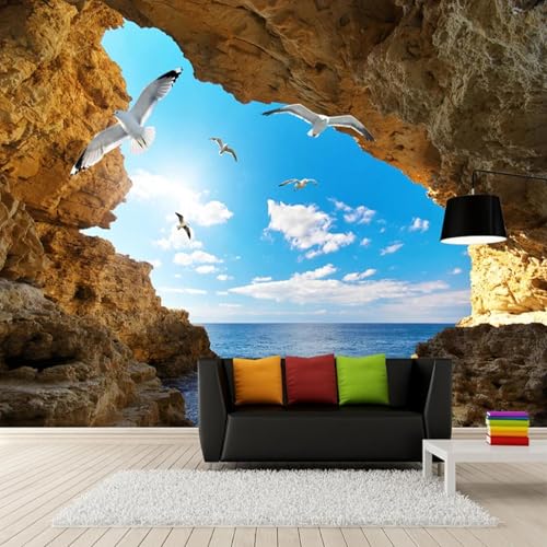 Fototapete 3D Insel Höhle blauer Himmel weiße Wolke Möwe Wandtapete Wohnzimmer Schlafzimmer Dekoration von CHUNYAGOK