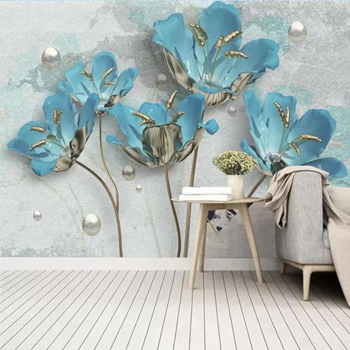 Fototapete Heimdekoration im europäischen Stil 3D dreidimensionaler Schmuck blaue Blumen Wohnzimmer Wandmalerei von CHUNYAGOK