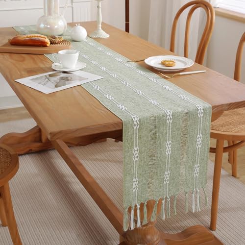 CHUQING Boho Tischläufer Grün Table Runner Olivgrün Makramee Tischläufer Landhausstil 33 x160 cm von CHUQING