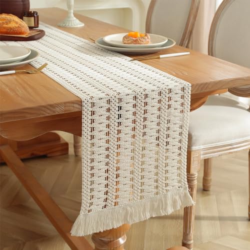 CHUQING Tischläufer Beige Boho Makramee Table Runner Landhausstil 30 x 210 cm Häkelspitze Mesh Tischdecke Beige Creme von CHUQING