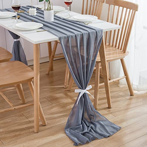 CHUQING Tischläufer Anthrazit,Chiffon Stoff Grau Blau, Tischdeko Blau Grau Table Runner für Geburtstag Kommunion Hochzeit,300 x 70 cm von CHUQING