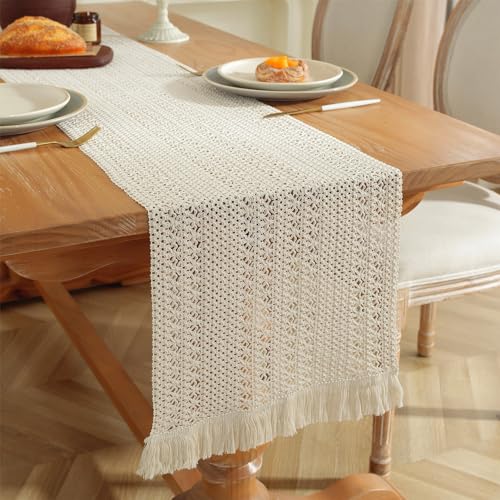 CHUQING Tischläufer Boho Rustikale Table Runner Landhausstil Beige Creme 30 x160 cm Rechteckige Häkelspitze Mesh Beige Tischdecke von CHUQING