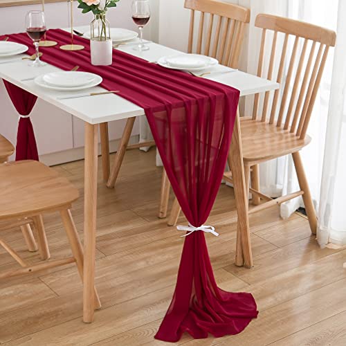 CHUQING Tischläufer Chiffon,in rot(70 cm x 550 cm), Rotwein Dekoratives Tischband aus Stoff, Dunkelrot Tischdeko für Geburtstage,Hochzeit,Kommunion,Bordeauxrot,5m von CHUQING