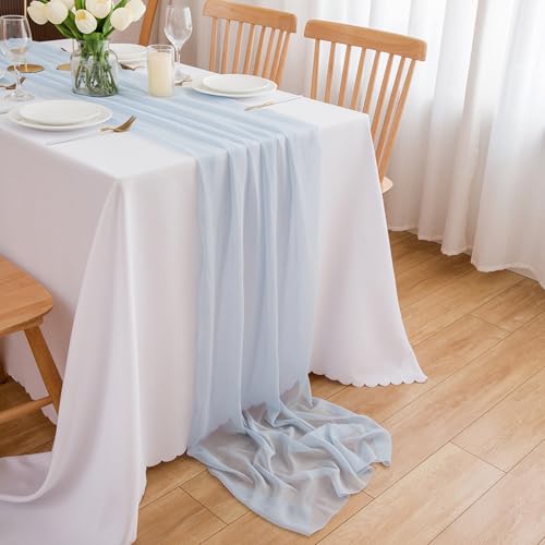 CHUQING Tischläufer Hellblau Chiffon Tischdecke Blau Chiffontuch Querbehang Dekostoff 4m x 70 cm Blauer Läufer Tisch von CHUQING