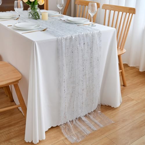 CHUQING Tischläufer Silber Glitzer 70 cm x 3 m Chiffon Tischläufer Hochzeit Tischdeko Transparentes Tischband von CHUQING
