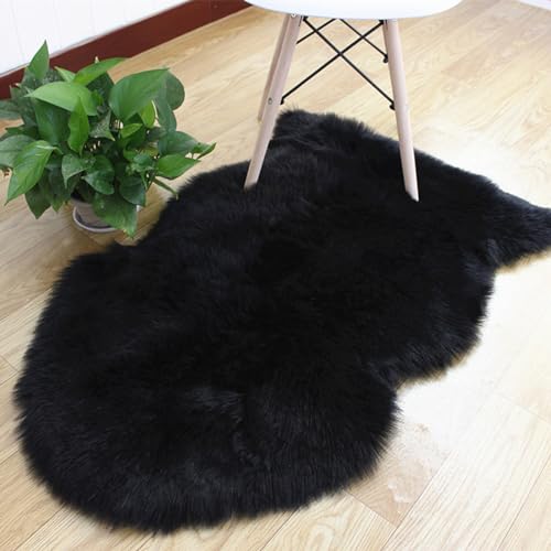 CHUYIX Plüsch Flauschige Teppiche Künstlicher Plüschteppich Kunstwolle Weiche Teppich Rutschfester Kunstfell Matte Rund Lammfell Fellteppich für Schlafzimmer Wohnzimmer Schwarz 45 * 65cm von CHUYIX