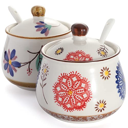 CHWAIKA Porzellan Zuckerdose 2er Set Keramik Zuckerdose mit Deckel und Löffel Zuckervorratsdose Zuckerspender Kanister Behälter für Salz Gewürze (Stil 1#, Retro) von CHWAIKA
