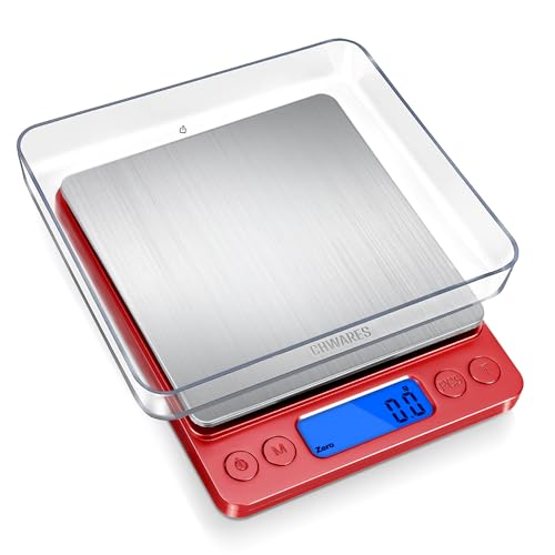 CHWARES Digitale Küchenwaage, USB-Aufladung, 3 kg/0,1 g Mini-Lebensmittelwaage, elektrische Küchenwaage, wasserdicht, digital, wiederaufladbar, LCD-Display, Edelstahl, Zutaten Schmuck und Kaffee, Rot von CHWARES