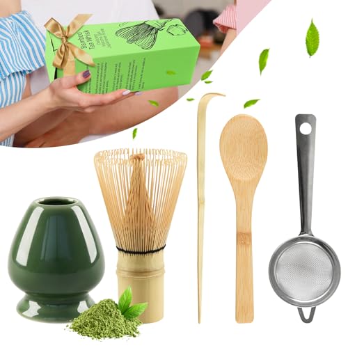 CHWNIBAY 5-Teiliges Matcha Set,Matcha Besen,Matcha Tee Set Einschließlich des Matcha Whisk,Matcha Sieb,Matcha Besen Halter,2 Matcha Löffel aus Bambus,Bestes Geschenk für Matcha-Liebhaber (Dunkelgrün) von CHWNIBAY
