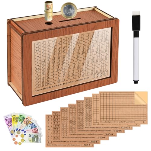 CHWNIBAY Spardose Holz,Spardose mit Zähler,Sparbox mit Zahlen Ankreuzen,Holzspardose mit Marker Aufklebern,Wiederverwendbare Spardose,Fördere Spargewohnheit bei Erwachsenen und Kindern(€500-€10,000) von CHWNIBAY