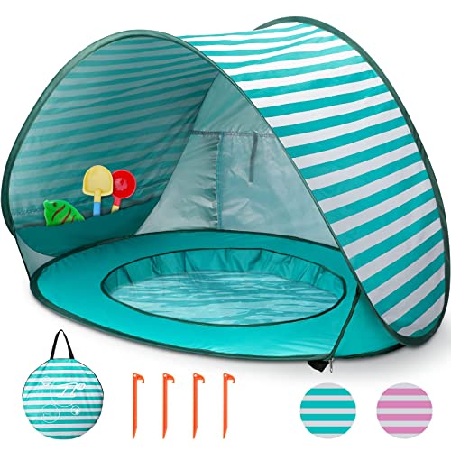 Strandmuschel Baby Pop Up Strandzelt, Baby Strand Zelt mit Mini Pool Tragbar Pop Up Baby Strandzelt UV-Schutz Sun Shelter für Kleinkinder Picknick Garten Strandmuschel (Grün) von CHWUYI