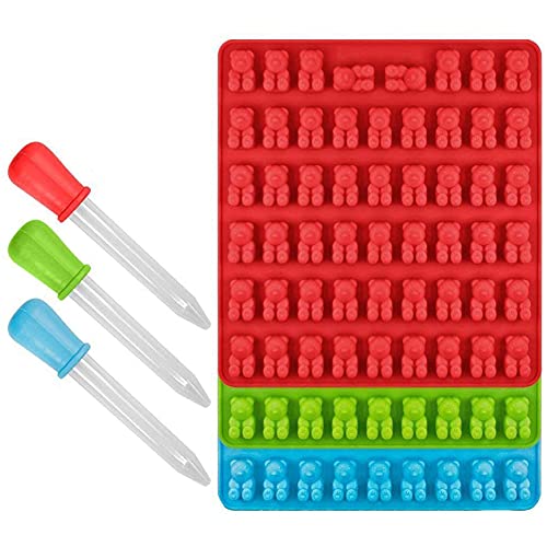 CHYIR-Süßigkeiten-Silikonformen und Eiswürfelschalen, 3 Stück, Gummibär-Formen, 53 Hohlräume mit Bonus-Pinzette(rot, grün, blau) von CHYIR