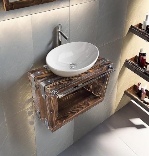 CHYRKA® Badmöbel Waschtisch BORYSLAW-Bad Waschbecken Hängeschrank Waschtischunterschrank Waschbecken-Unterschrank Metall Holz Loft Handmade (Natur, 60 x 28 cm H=40 cm) von CHYRKA