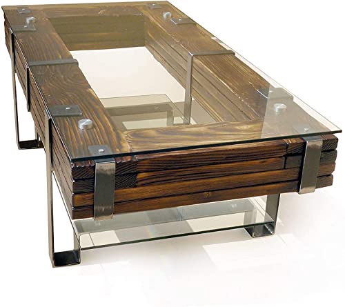 CHYRKA® Couchtisch Wohnzimmertisch LEMBERG Loft Vintage Bar Industrie Design Handmade Holz Glas Metall (110x60 cm H=40 cm) von CHYRKA