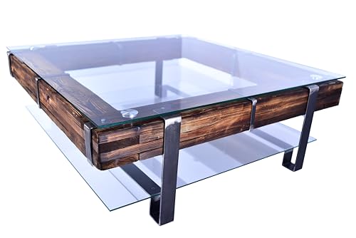 CHYRKA® Wohnzimmertisch Couchtisch Massivholz Metall Glastisch Holz Glas LEMBERG DROHOBYCZ Loft Handmade (Lemberg-Natur, 120x120 cm H=50 cm) von CHYRKA