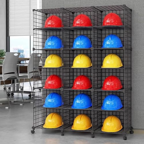 CHZDPP Schutzhelme Rack Bewegliches große Kapazität Helm Display Regal mit Rädern, Stapelbarer Hutständer für Massenlagerung, für Büro/Werkstatt/Anlage/Feuerwehr(Black,18 Grids) von CHZDPP