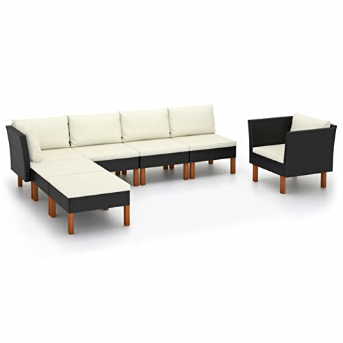 CIADAZ 7-TLG. Garten-Lounge-Set Poly Rattan Eukalyptusholz Schwarz, Lounge Gartenmöbel Set, Terassenmöbel Wetterfest, Loungemöbel Terrasse, Gartenlounge, Garten Loungemöbel Set, 3082081 von CIADAZ