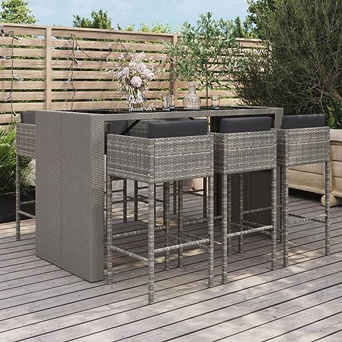 CIADAZ 7-TLG. Gartenbar-Set mit Kissen Grau Poly Rattan Outdoor Möbel Wetterfest, Bartisch Set, Gartenmöbel Set, Gartenbar Outdoor, Outdoor Bar von CIADAZ