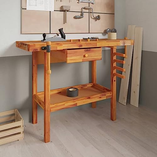 Werkbank mit Schubladen Schraubstöcken 124x52x83 cm Akazienholz, CIADAZ Werkstatteinrichtung, Werkbank Werkstatt, Werkzeugschrank, Werktisch, Werkzeugtisch, Werkbänke Für Heimwerker 153320 von CIADAZ