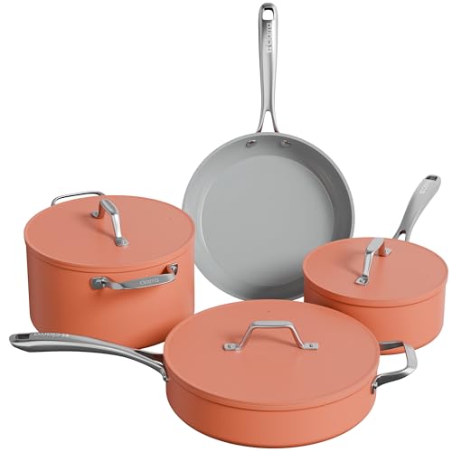 Ciarra Beyond Pfannenset Induktion Orange Topfset Kochgeschirr-Set 4-teiliges Gesunde Keramik Antihaft,Stielkasserolle 20cm/24cm,Bratpfanne 26cm/28cm mit Deckel,PFAS-frei PFOA-frei Kochtopfset von CIARRA