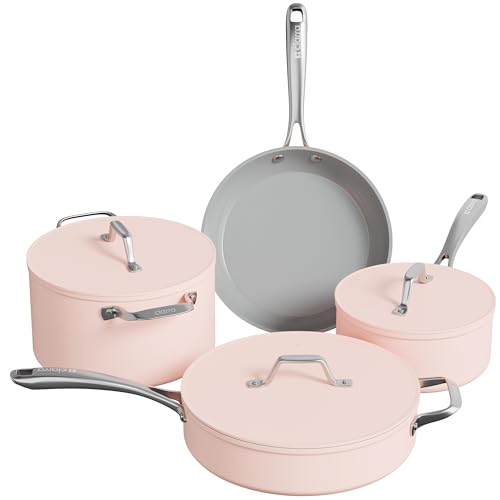 Ciarra Beyond Töpfe Pfannenset 4-teiliges Induktion Kochtöpfe Set mit Deckel,Keramik Antihaft Topfset und Pfannen Set, Bratpfanne 26cm/28cm,Topf 20cm/24cm,Kochtopfset für alle Herdarten,Rosa von CIARRA