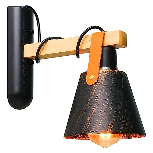 CIBITA Vintage Wandleuchte Innen, Industriellem Wandlampe mit Schirm, Flur, Wohnzimmer, Schlafzimmer Wandleuchte, Holz/Polypropylen/Leder/E27 Max 40W/ Ø25x15x20cm (Ohne Glühbirne) von CIBITA