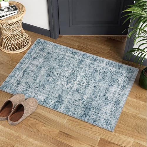 CIBTYHOH Kurzflor Bereich Teppich Wohnzimmer Boho Waschbarer Teppich Schlafzimmer 80 * 150cm Vintage Carpet für Esszimmer Büro(Blau) CIBTYHOH Kurzflor Bereich Teppich Wohnzimmer Boho Waschbarer Teppich Schlafzimmer 80 * 150cm Vintage Carpet für Esszimmer Büro(Blau) von CIBTYHOH