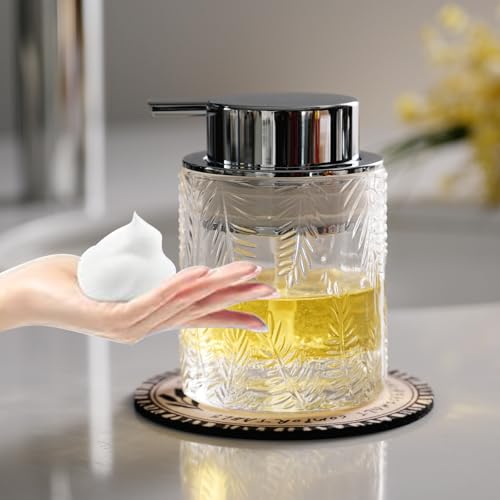 CICUFY Schäumender Handseifenspender – Schaum- oder Lotionspender aus Glas für Küche & Bad, nachfüllbar mit großer silberner Pumpe (Blattmuster-klar) von CICUFY