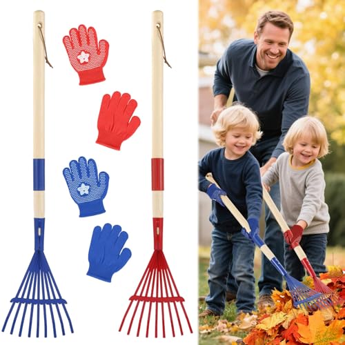 2 x Gartenwerkzeug-Rechen mit Hartholzgriff und 2 Paar Handschuhen, Gartenrechen mit Blättern, leicht, niedliche Rechen mit Köpfen für Herbstgartengeräte, Geschenke von CIEOVO
