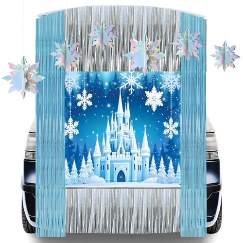Halloween-Autodekorationsset, Eis, Schnee, Schloss, Banner, blau-silberfarbene Quaste und Schneeflocken, Dekorationen für SUV, Torbogen, Garage, Outdoor, Spukhaus, Eiskönigin, Party-Dekoration von CIEOVO