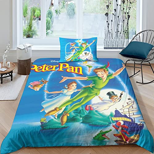 CIFEAR 3D Peter Pan Peter Pan Bettwäsche Set Kinder Bettbezug Set Animation Betten Set Für Kinder Mädchen Jungen Ultraweiche Mikrofaser Bettbezüge Set, Niedlich Single（135x200cm） von CIFEAR