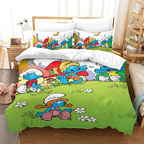 CIFEAR 3D Print Kinder Bettwäsche, Smurfs Bettbezug Und Kissenbezug, 3D Bettwäsche Animation, Mikrofaser Mit Reißverschluss Set Double（200x200cm） von CIFEAR