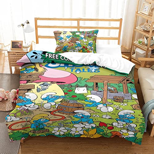 CIFEAR Animation 3D Print Bettbezug Betten Set Bettwäsche Set Microfaser Smurfs Themen Bettbezüge Mit Kissenbezug Jungen Mädchen Kinder Single（135x200cm） von CIFEAR