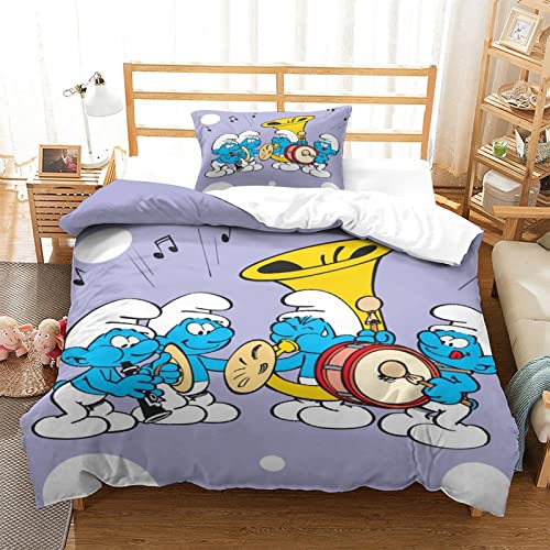 CIFEAR Bettwäsche Bettbezug Set Kinder Jungen Und Mädchen Jugendliche 3D Smurfs Kinderbettwäsche Weiche Bettbezüge Und Kissenbezug Mit Reißverschluss Single（135x200cm） von CIFEAR