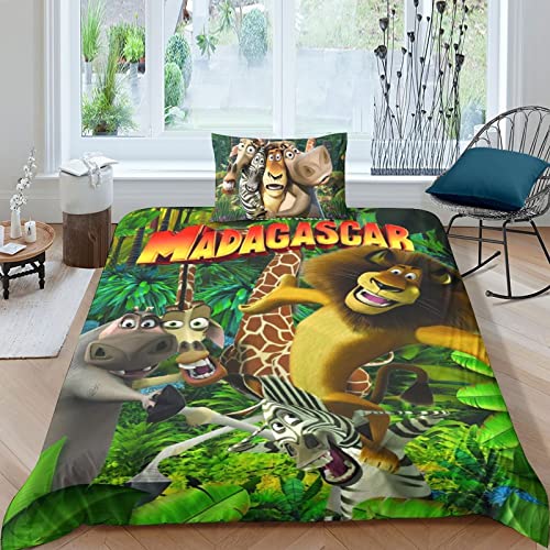 CIFEAR Madagaskar Bettwäsche Bettbezüge Set Mit Kissenbezüge, Animation Muster Bettbezug-Sets，aus Mikrofaser Mit Reißverschluss Weich Und Bügelfrei Single（135x200cm） von CIFEAR