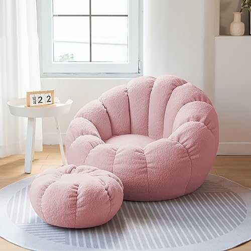 Sitzsack-Stuhl for Erwachsene mit Fußhocker (NUR Bezug, ohne Füllung), ultraweiches Teddyfell-Sofa, langlebig, bequem, Liege-Sitzsack-Stuhl for Wohnheim, Schlafzimmer, Wohnzimmer ( Farbe : Rosa ) von CIFFRA