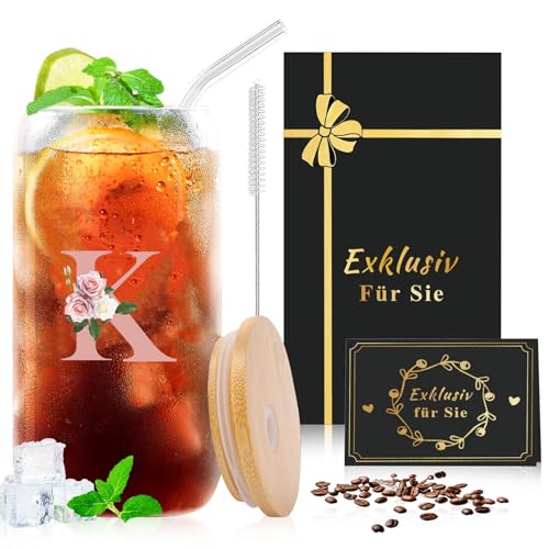 CIGAA A-Z Buchstaben Glasbecher mit Deckel und Strohhalm, 500ml Mason Jar Trinkglas,Smoothie gläser für Milchshakes Säfte Smoothies Biere Ideal für Geschenke von CIGAA