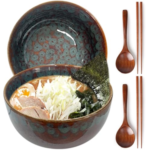 CIGAA Ramen Schüssel Keramik Set, 2 Sets Ramenschüssel aus Keramik mit Essstäbchen und Löffeln, 1000ml Japanische Suppenschüssel Bowl Schüssel von CIGAA