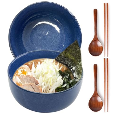 CIGAA Ramen Schüssel Keramik Set, 2 Sets Ramenschüssel aus Keramik mit Essstäbchen und Löffeln, 1000ml Japanische Suppenschüssel Bowl Schüssel von CIGAA