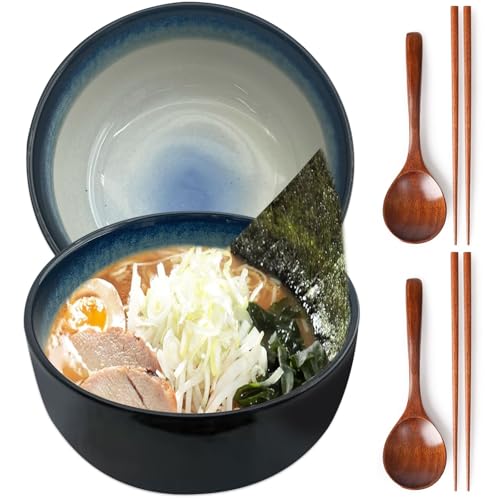 CIGAA Ramen Schüssel Keramik Set, 2 Sets Ramenschüssel aus Keramik mit Essstäbchen und Löffeln, 1000ml Japanische Suppenschüssel Bowl Schüssel von CIGAA