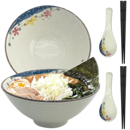 CIGAA Ramen Schüssel Keramik Set, 2 x 1200ml Ramenschüssel aus Keramik mit Essstäbchen und Löffeln, 2 Sets Japanische Suppenschüssel Bowl Schüssel von CIGAA
