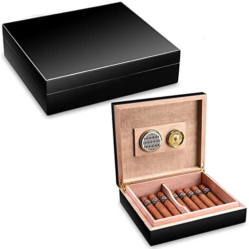 CIGARLOONG Humidor Zedernholz, kleine Schreibtischbox mit Hygrometer und Luftbefeuchter, für 20 Zigarren (schwarz) von CIGARLOONG