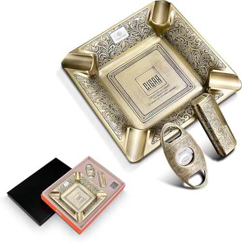 CIGARLOONG Zigarren-Aschenbecher-Set, 3-teilig, klassisch geschnitzt, mit scharfem Zigarrenschneider und winddichtem Feuerzeug, Geschenk-Set (Farbe: Gold1) von CIGARLOONG