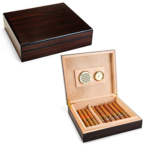 CIGARLOONG Zigarren-Humidor mit Hygrometer und Luftbefeuchter, Reise-Zedernholz, schwarz, Schreibtischbox, für bis zu 15–20 Zigarren von CIGARLOONG