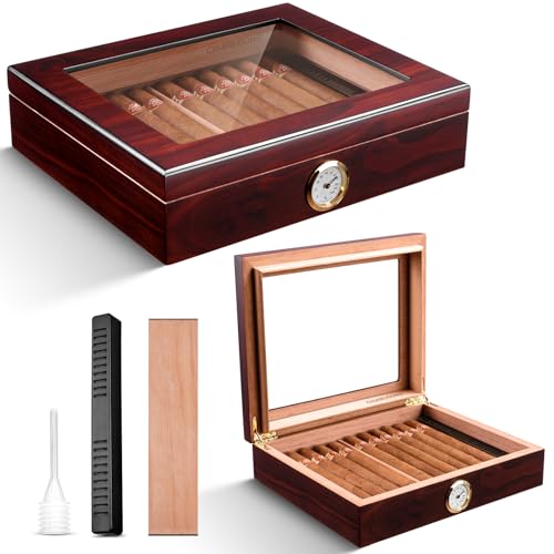 CIGARLOONG Zigarren Humidor Spanische Zeder Desktop Box mit Luftbefeuchter und Hygrometer Halten bis zu 25 Zigarren (Dunkelrot) von CIGARLOONG