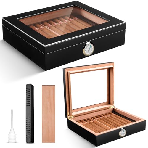 CIGARLOONG Zigarren Humidor Spanische Zeder Desktop Box mit Luftbefeuchter und Hygrometer Halten bis zu 25 Zigarren (Schwarz) von CIGARLOONG