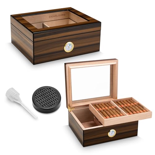 CIGARLOONG Zigarren Humidor Zedernholz, Glasplatte, Humidor mit Luftbefeuchter&Hygrometer, Geschenke für Männer (M für 50 Zigarren) von CIGARLOONG