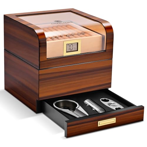 CIGARLOONG Zigarren Humidor Zedernholz mit Hygrometer und Luftbefeuchter, großer unterteilter Aufbewahrungs Humidor mit Schublade mit Zigarrenschneider, Feuerzeug Aschenbecher Set (Braun) von CIGARLOONG