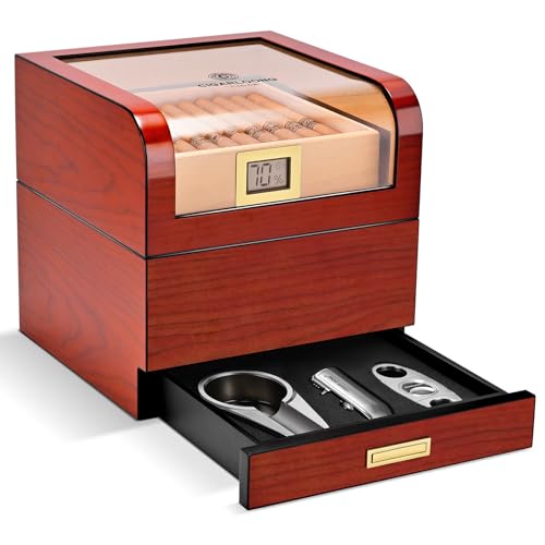 CIGARLOONG Zigarren Humidor Zedernholz mit Hygrometer und Luftbefeuchter, großer unterteilter Aufbewahrungs Humidor mit Schublade mit Zigarrenschneider, Feuerzeug Aschenbecher Set (Rot) von CIGARLOONG