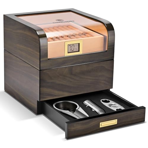 CIGARLOONG Zigarren Humidor Zedernholz mit Hygrometer und Luftbefeuchter, großer unterteilter Aufbewahrungs Humidor mit Schublade mit Zigarrenschneider, Feuerzeug Aschenbecher Set (Schwarz) von CIGARLOONG